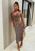 Knowing You Mocha Ruched Maxi Knitted Sequin Skirt